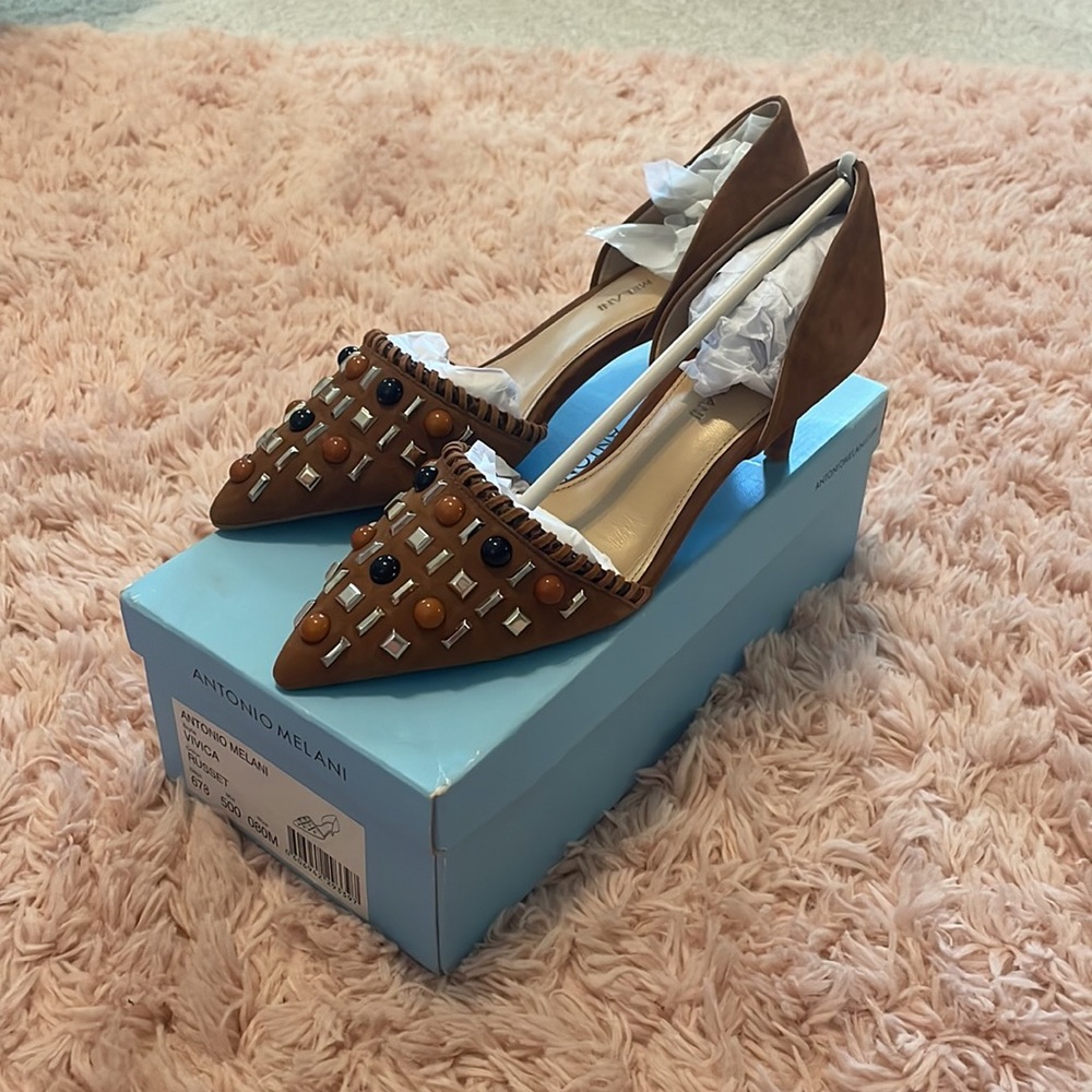 Antonio Melani Vivica Brown Bead Studded Suede Heels